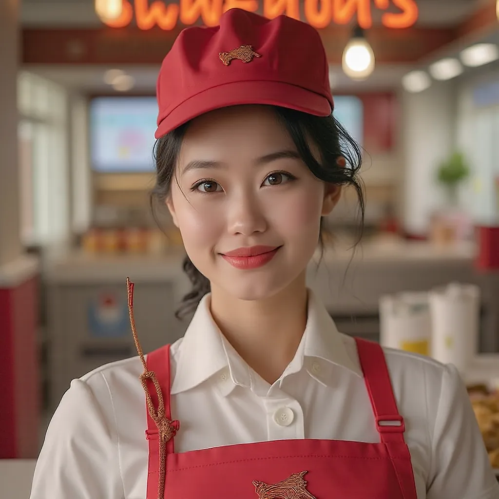 FULL BODY PHOTO-REAL PHOTO-BEAUTIFUL GIRL IN UNIFORM OF SWENSEN THAILAND