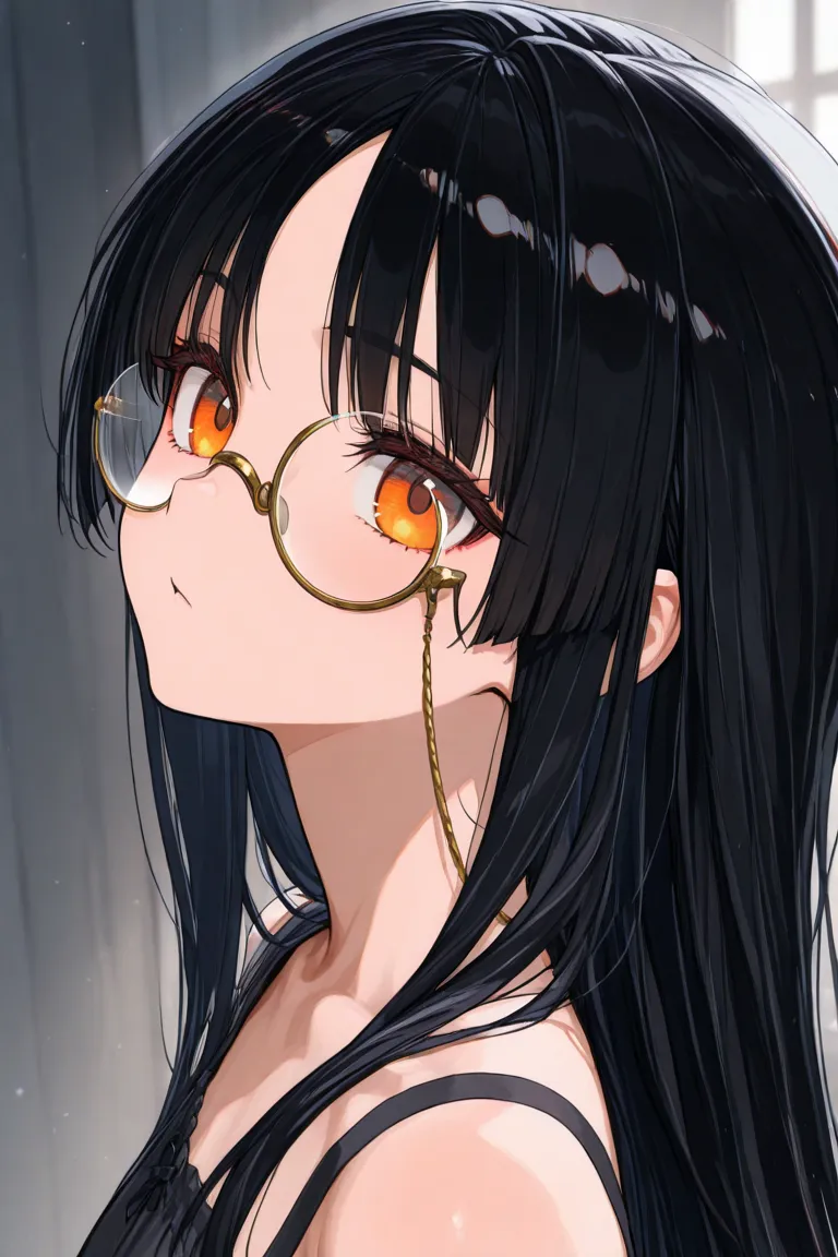 bartenders
monocle 
The bangs are split horizontally
The hair doesn't stick to my eyes
orange eyes
Long black hair
orange eyes
1 girl, long hair, 