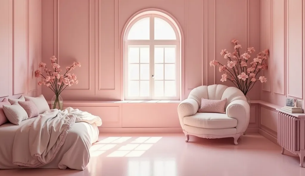 a large and spacious 3D women's room, Delicate, richly adorned with baby pink walls, on the left side, a cozy double house slightly removed from the bed and facing the camera is a flowery chair.. The flowery chair is positioned facing the viewer. In the ce...