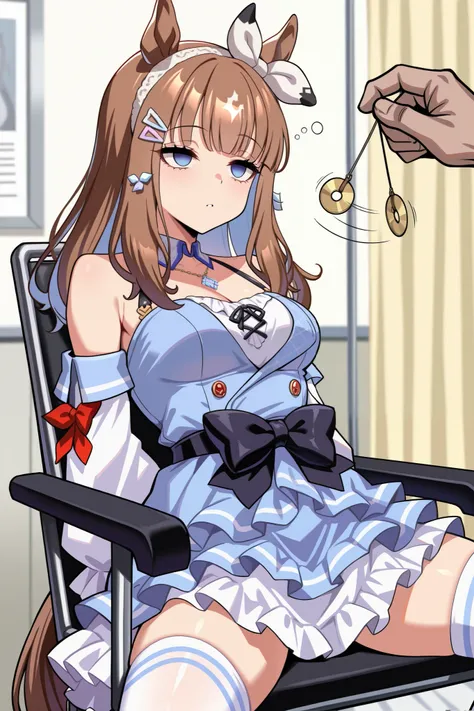 (masterpiece, ultra high definition, 16k, RAW photo, intricate), (sharp focus, crisp details), rich colors, vibrant details, noise reduction, 1girl , ((almond eye \( Uma Musume\)), (One Pendulum , Swinging pendulum, Pendulum before her eyes:1.9), Another...