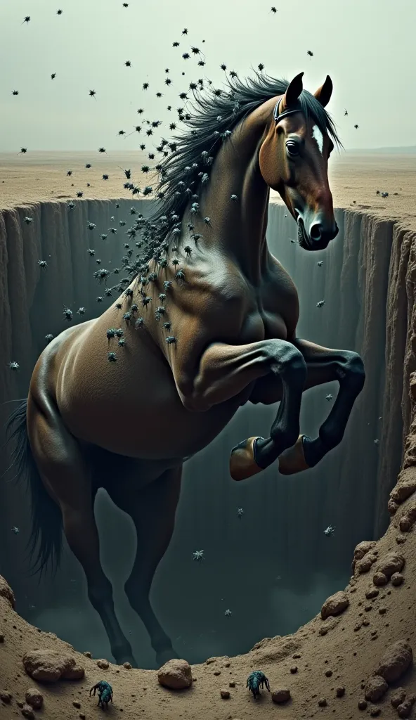 The horse falling into the pit, its body covered with crawling insects, looking distressed and panicked.