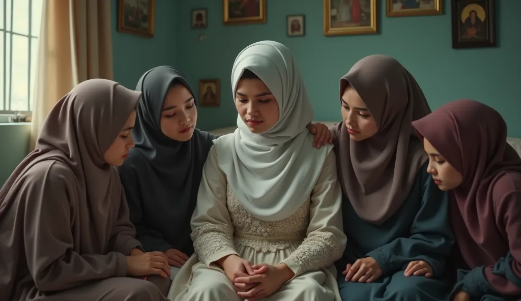 Create a scene where a middle class muslim adult girl sitting in her room as a sad bride along with her friends