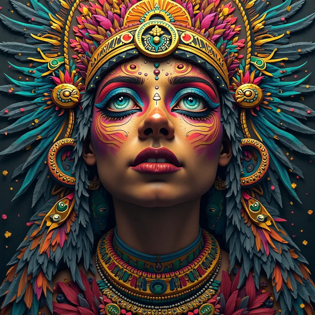 (((  Vucub Caquix  ))) best quality, Ultra-High Resolution, 4K detailed CG, masterpiece,  Vucub Caquix , Mayan outfit , Mayan mythology, Mexico, aesthetics, ((Bird God)),  pretty image , centered on the canvas A woman's face in cubist art nft 3d woodcut co...