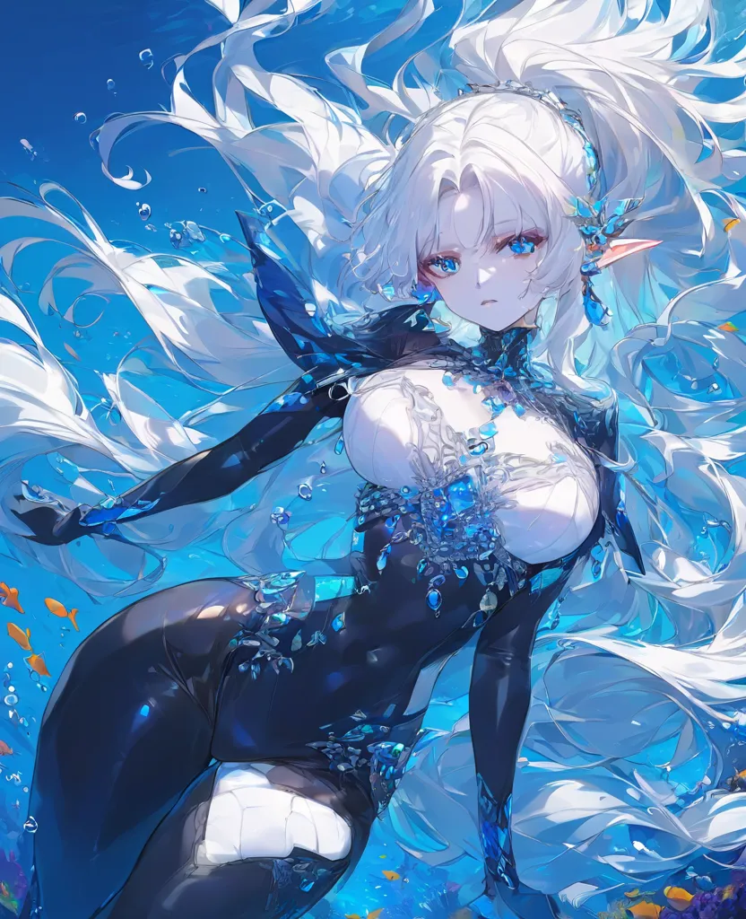 Elf woman with long white hair, blue highlights, blue eyes shining like jewels, white skin wearing black bodysuit, background is under the sea