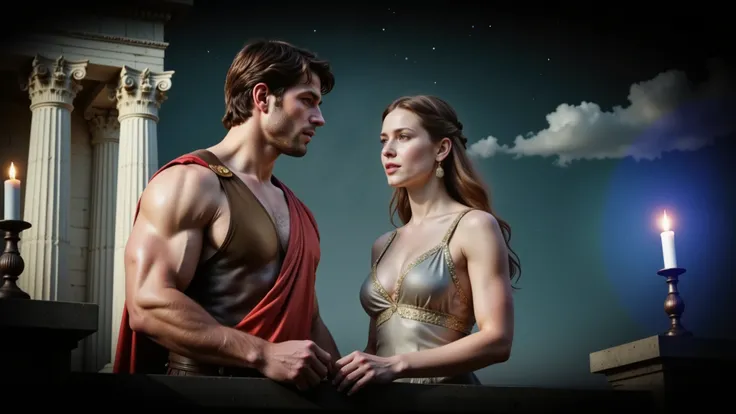 Ancient Greece around 2000 B.C. Hercules and Queen Hippolyta are standing on the parapet of a balcony, illuminated by candles. They are engaged in conversation. looking into each other's eyes. A starry dark sky.