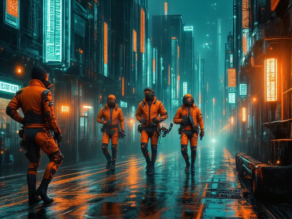 a group of corrupt police officers are runing at night, dystopian cyberpunk scene, neon city, dark and gritty atmosphere, high contrast lighting, heavy windy rainy and wet environment, advanced technology, futuristic architecture, rundown buildings, best q...