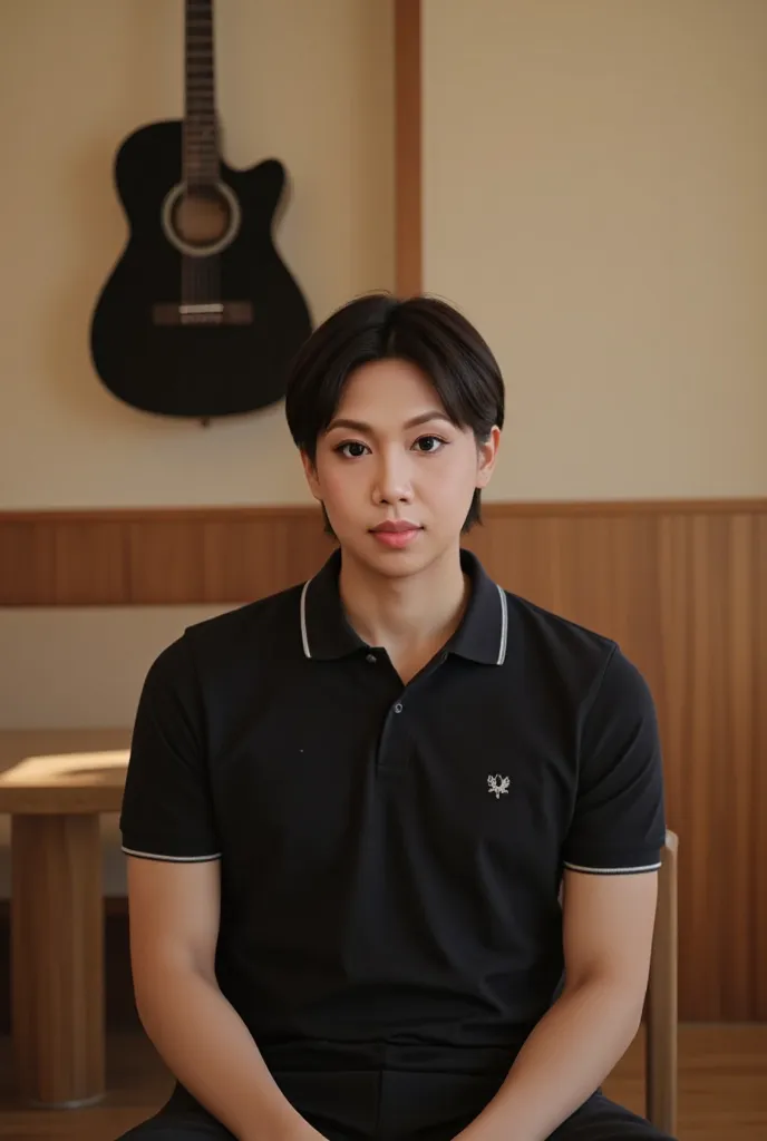 (photorealism: 1.2),  Young man with straight black hair , with a southeast Asian face,  sitting in a room .  He is wearing a dark white short-sleeved polo shirt accented with a white stripe on the collar.  His facial expression is neutral ,  his gaze is s...