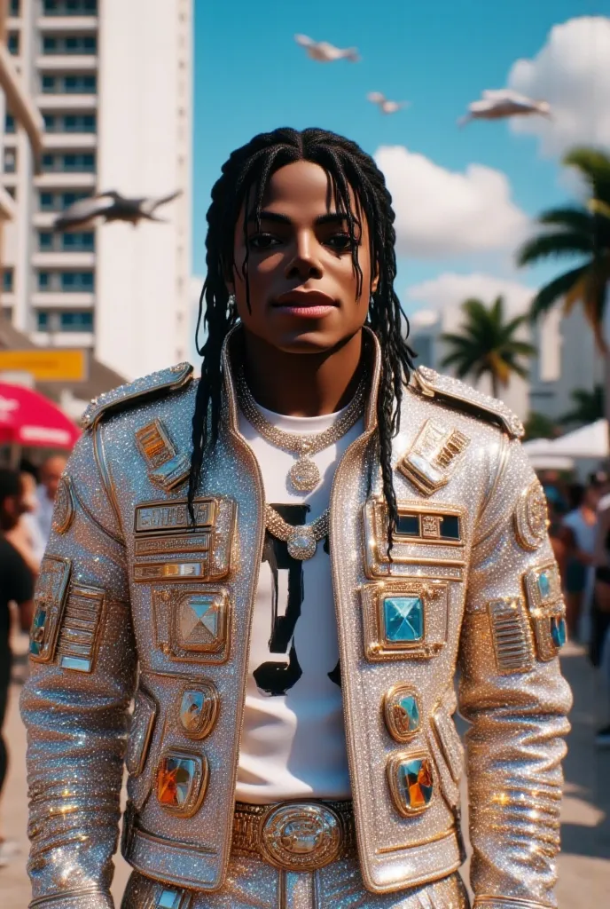 Gr!llz, a Hyper-realistic Ultra-detailed portrait front photo of Michael Jackson::7.2 as a rapper wearing Streetwear,  Allen Iverson braids hairstyle like on the 90s where he was in the thriller video, standing on a sunny miami street. His body is a perfec...