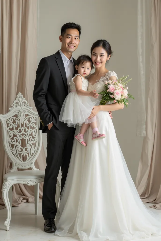 Realistic family photo, consists of a young Chinese-faced father, neat short hair, rather strapping body,  wearing suit /black blazer combined with a white shirt, black formal pants and black leather shoes sitting with a beautiful young woman wearing a Eur...