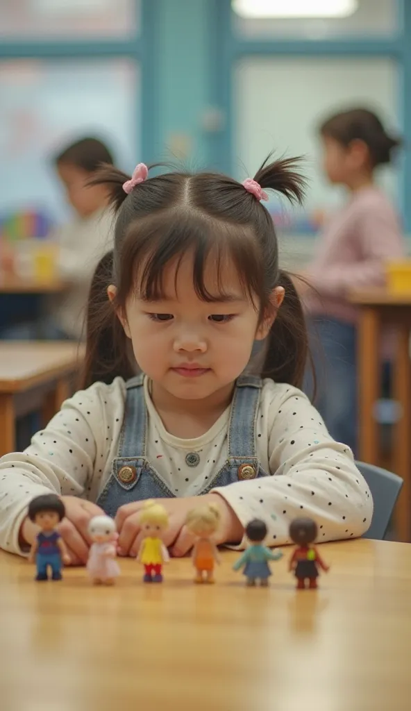 An autistic  is at school, sitting alone in a corner of the classroom, playing with her favorite toys. She avoids contact with the other ren, , preferring to carefully align small dolls on the table. Her eyes are fixed on the toys, and she slightly shakes ...