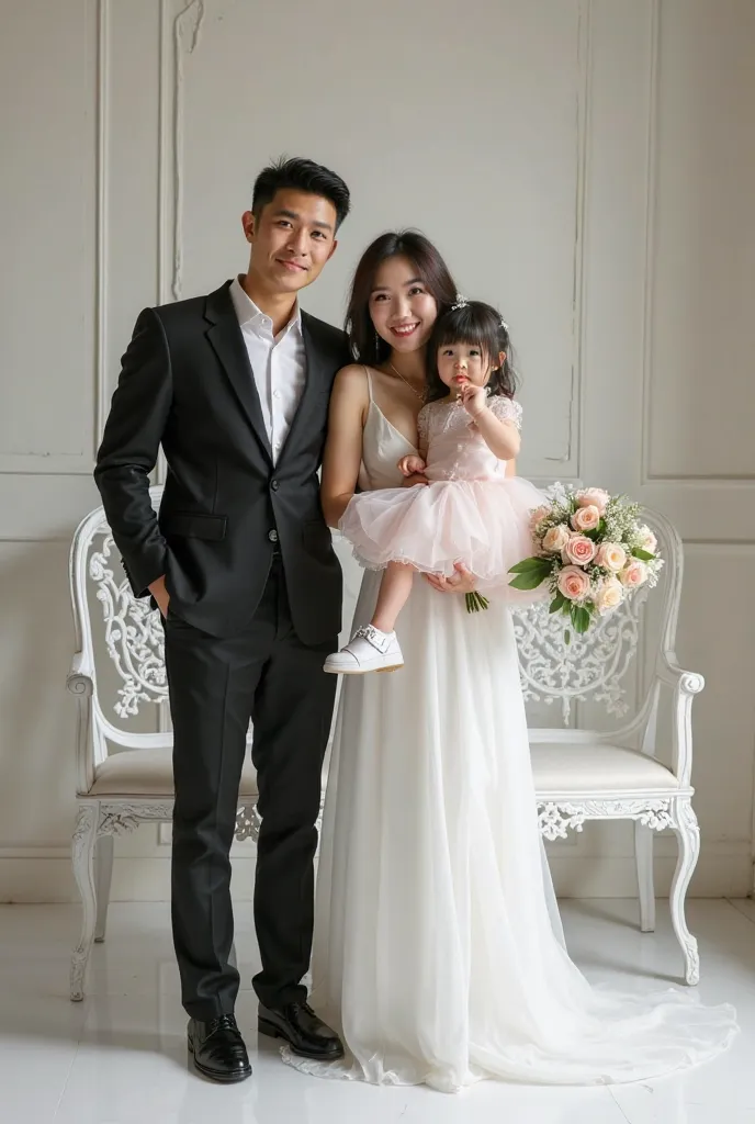 Realistic family photo, consists of a young Chinese-faced father, neat short hair, rather strapping body,  wearing suit /black blazer combined with a white shirt, black formal pants and black leather shoes sitting with a beautiful young woman wearing a Eur...