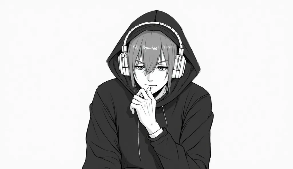 The image is a monochromatic drawing of a person wearing a black hoodie and headphones. The headphones have the name \"Ryuzhie\" written on them. The person appears to be in a thoughtful or contemplative pose, with their hand on their chin.