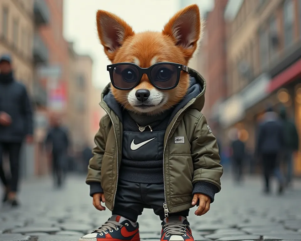 A person-style dog, wearing urban clothes and black glasses with Nike shoes, 4K resolution