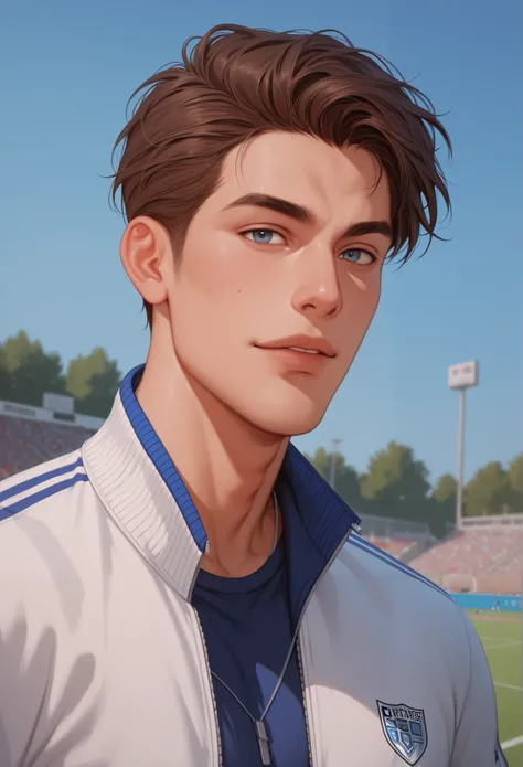 A handsome man in his twenties , Mathematical structure , In a sports jacket. looks at the viewer. , his hair surrounds his face. The background is an urban football field. confident posture .