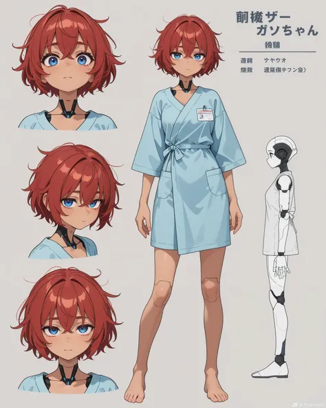 1girl, beautiful woman, cute,kawaii, blue eye, big eye,beautiful, tired eye, downturned eyes, tan skin, freckles, cyborg style, cyborg, android, messy hair, red hair, (short hair), (hospital gown) ,breast,tired expression,\), background\ ((standing))\),,cl...
