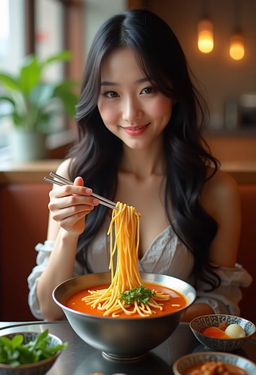 thaiwomen,1girl,(masterpiece), Generate an image of a young Asian woman with long, straight black hair, delicate features, light makeup, and fair skin. She is wearing a blue sleeveless dress and is eating ramen noodles with silver chopsticks. The noodles a...