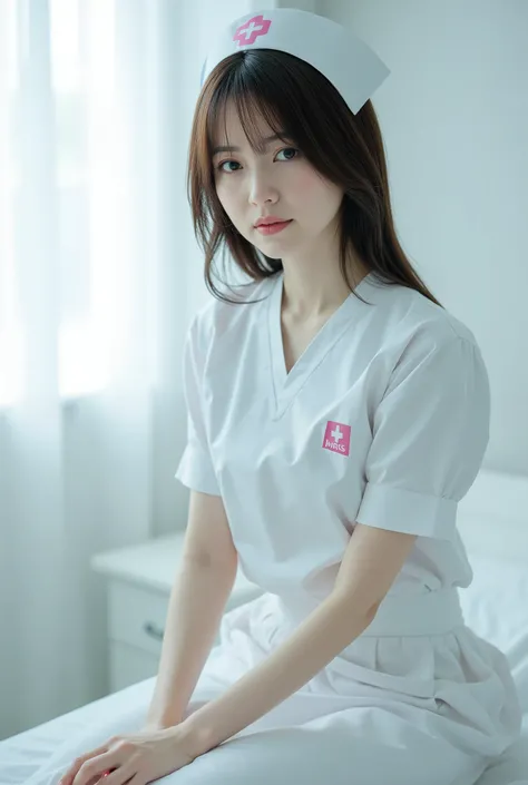 Create a stunning portrait of a beautiful Japanese idol in a nurse cosplay. She should have semi-long hair, a slender body type, small breasts, and thin legs. The background should evoke a hospital atmosphere with a predominantly white color palette. Use c...
