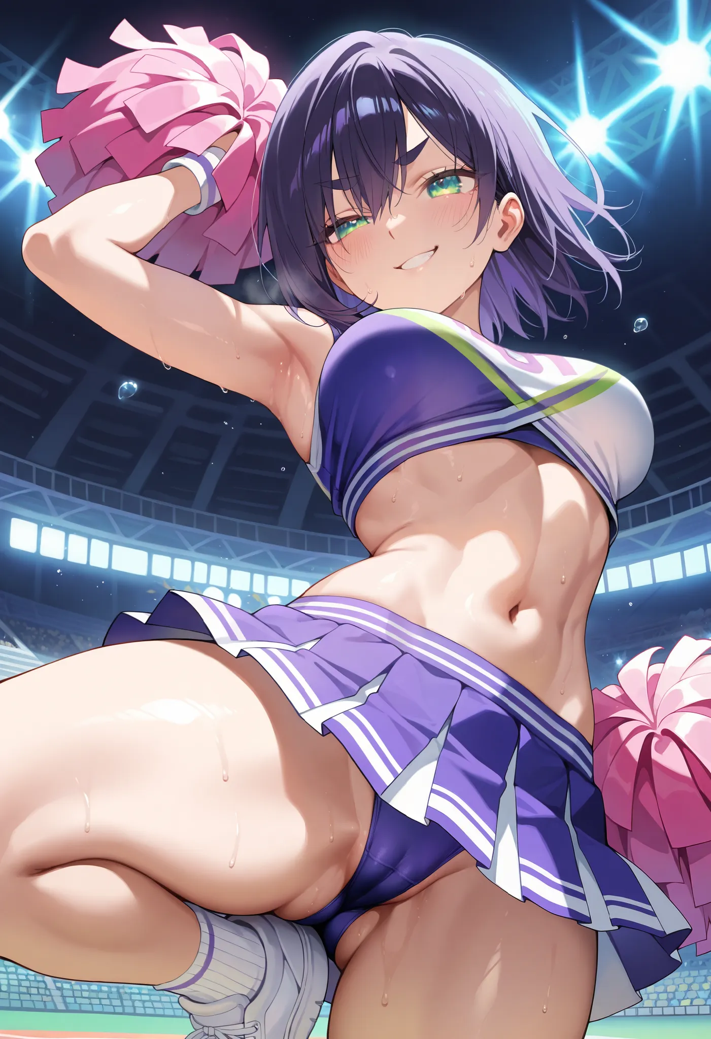 masterpiece, best quality, amazing quality, very aesthetic, absurdres,
EBKurumi, 1girl, solo, short hair, purple hair, thick eyebrows, green eyes, medium breasts,(aged up:1.2),
cheerleader outfit, ultra-short pleated skirt, crop top, exposed midriff, toned...