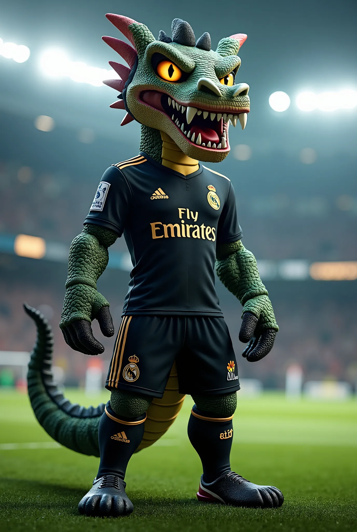 Mascot with a dragon's head and soccer uniform like that of Real Madrid in black