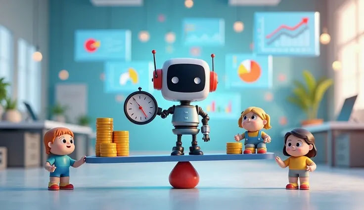 A 3D animated illustration depicting ‘Cost and Time Management in IMC’ in a cute and visually striking way. The scene features an adorable, cartoonish business robot with a clock on one hand and a stack of gold coins on the other, balancing them carefully ...