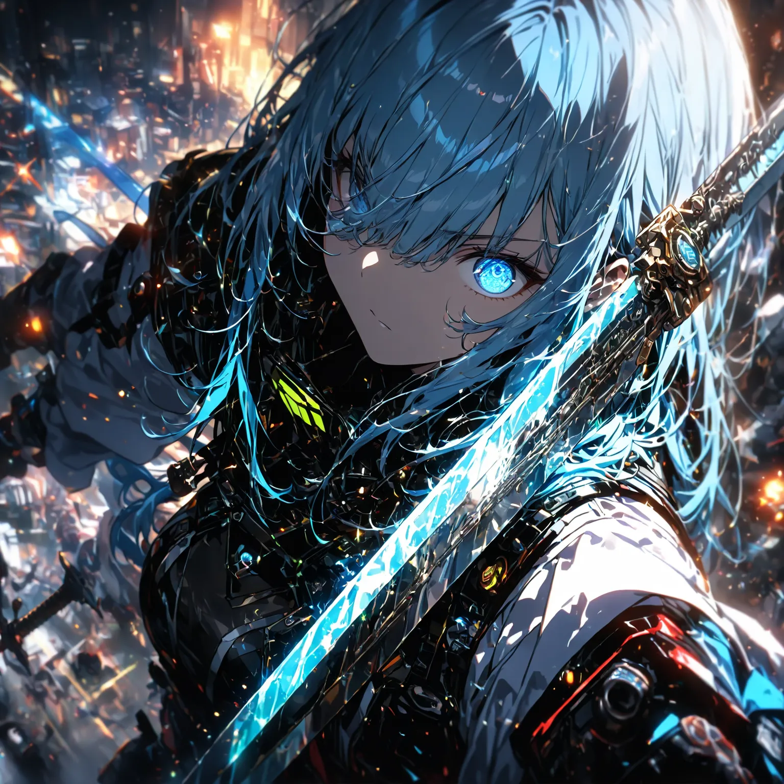 (top quality:1.2, very well detailed, high contrast,top quality, Aesthetics at its best), 1 woman with medium blue hair、20 years old、 mature face、 hair to hide one eye, wearing cyberpunk tech wear、 (emotional、high detailed and accurately shaped sword)(1 gi...