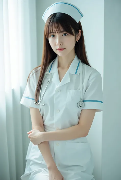 Create a stunning portrait of a beautiful Japanese idol in a nurse cosplay. She should have semi-long hair, a slender body type, small breasts, and thin legs. The background should evoke a hospital atmosphere with a predominantly white color palette. Use c...
