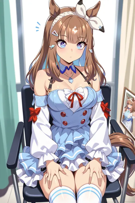 (masterpiece, ultra high definition, 16k, RAW photo, intricate), (sharp focus, crisp details), rich colors, vibrant details, noise reduction, 1girl , ((almond eye \( Uma Musume\)), Infirmary, sitting chair, Put your hands on your thighs, official costume...
