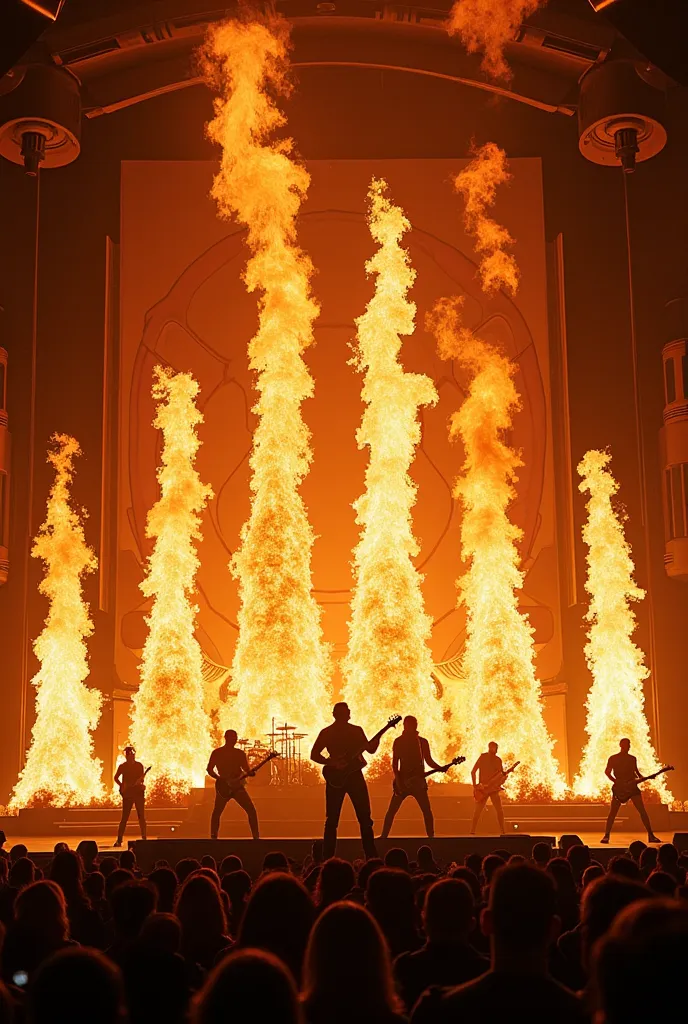 I want you to generate images of fires in a live stage show by musicians 