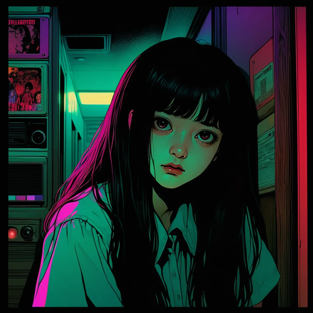  illustrations、art、From an 80&#39;s horror movie, Supervised by Junji Ito、exorcist、 high detail,  realistic shadows、 analog style , VHS Style, 8mm Film,  Color Difference, DVD Screenshot 、 Complementary Gradient 