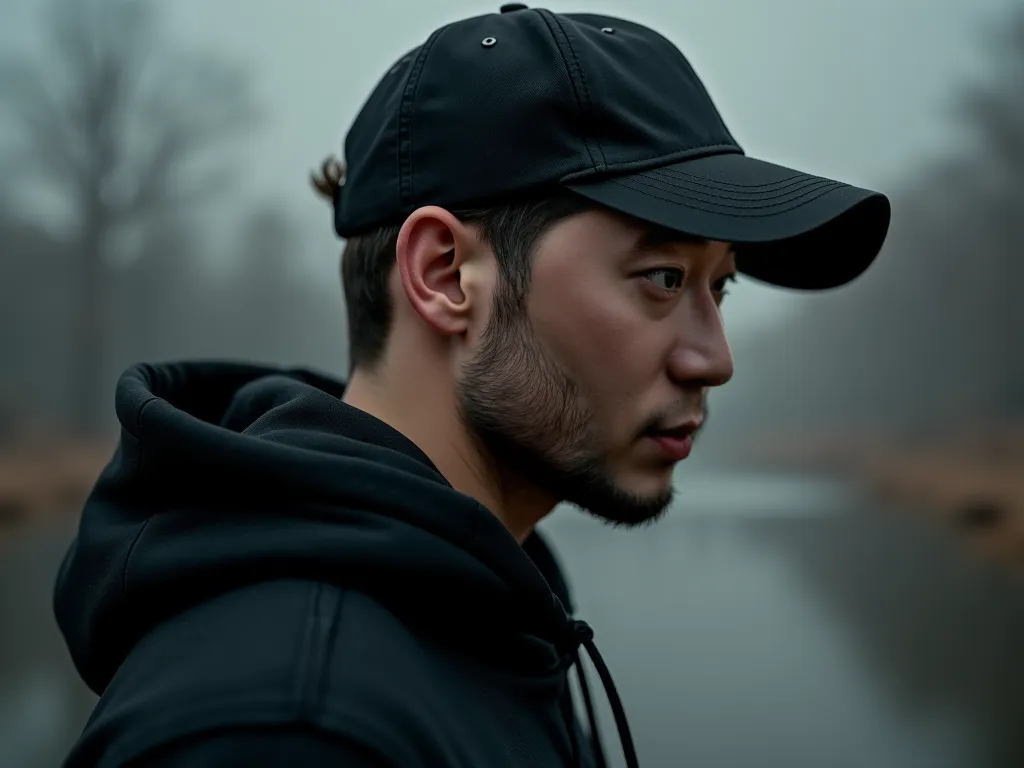 Wearing a black baseball cap, Side view of a man in his 30s wearing a black hoodie and jeans