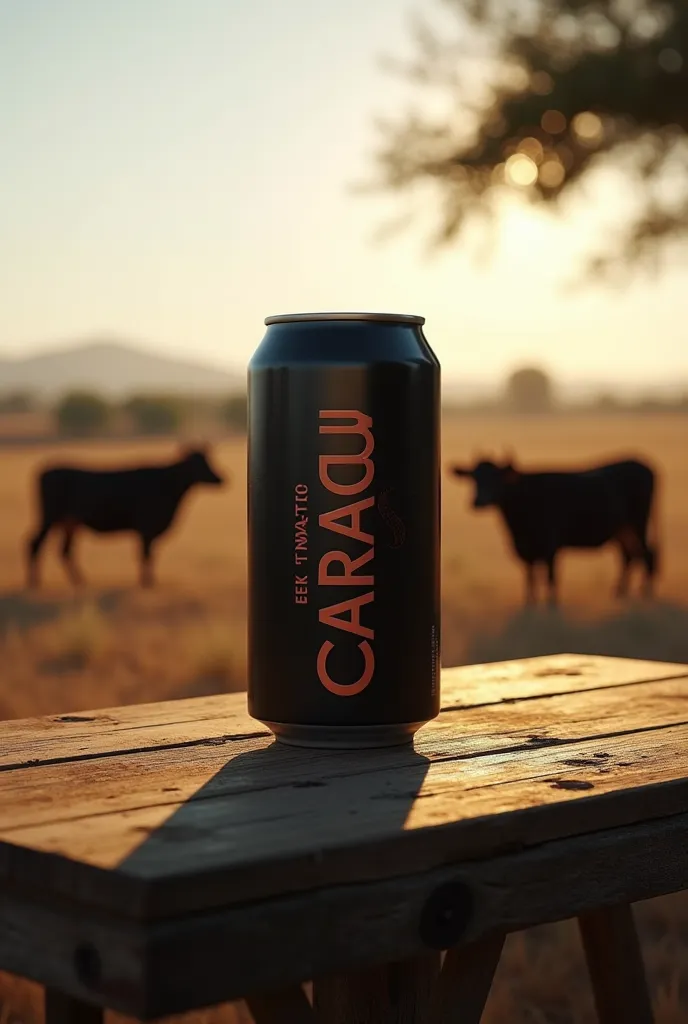 CARACU dark beer can 350 on a wooden table on a farm in Texas with caracu cattle in the background BUT IT HAS TO BE CARACU BEER 