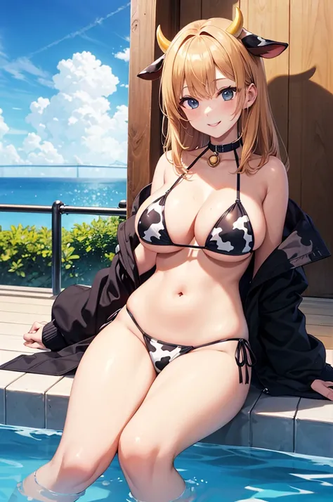 (greatest masterpiece)(top quality)(Super Detail)(perfect anatomy)１women in hair、 anime style、Sexy Actress、big-tits cow print bikini、 Smile、Open your legs by the night pool、M-shaped open legs、 cow horn、Cow&#39;s tail