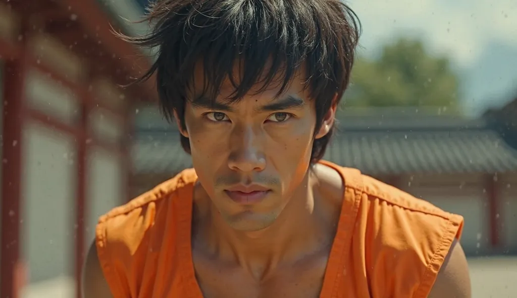 Real-life man similar to Bruce Lee as Goku,Real textured hair,Dragon Ball Z, In classic uniform from the anime, movie in Super Panavision 70 from 1950, 70 mm, Vintage, retro, great body, beautiful cinematography, granulated, ultra 4k, ultra-detailed, ultra...