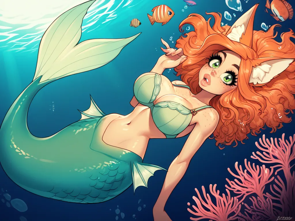 score_9, score_8_up, score_7_up, score_6_up, score_5_up, score_4_up, (source_anime),  1girl, big breasts, big lips, freckles skin, beautiful face, orange hair, woman, green eyes, bra, cyan mermaid, coral reef, underwater, fox ears, laying on back, mermaid ...