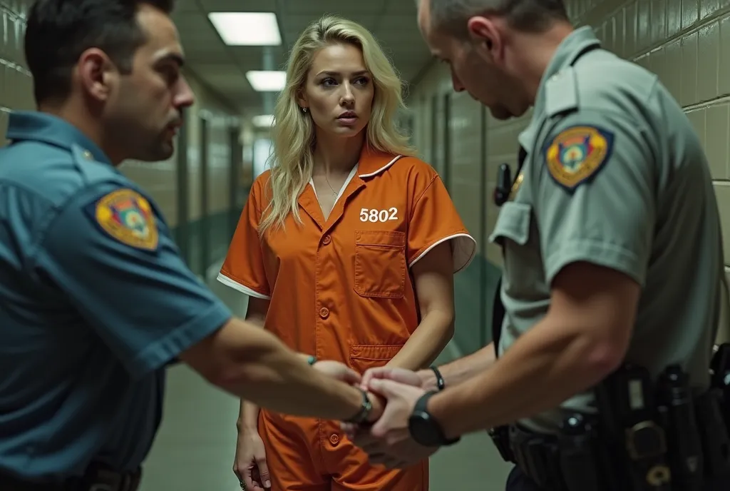 Body cam footage of a jail guard handcuffing a stunning sexy blonde prison inmate behind her back . She is wearing a baggy button fronted orange short cuffed sleeved smock dress with white trim and '5802' printed on the left side of the dress.  She has a s...