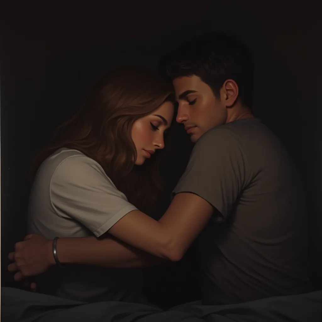 oil painting hyperrealistic fantasy, A COUPLE, a woman with long brown hair, in a white t-shirt and hugs his boyfriend, black hair and hugs his girlfriend, they are both sad and hide their faces in the other's neck, They are sitting on a bed, background of...