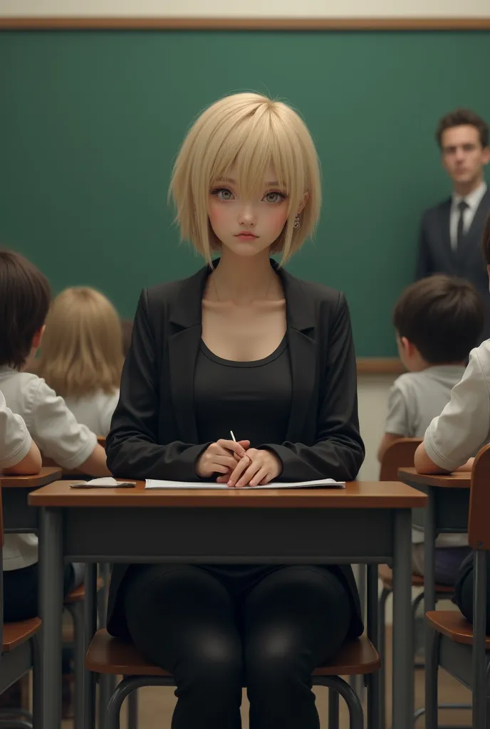 Short hair blonde girl with black pants, black sando and black jacket sits at a desk , looking distracted. The teacher is at the front, lecturing.