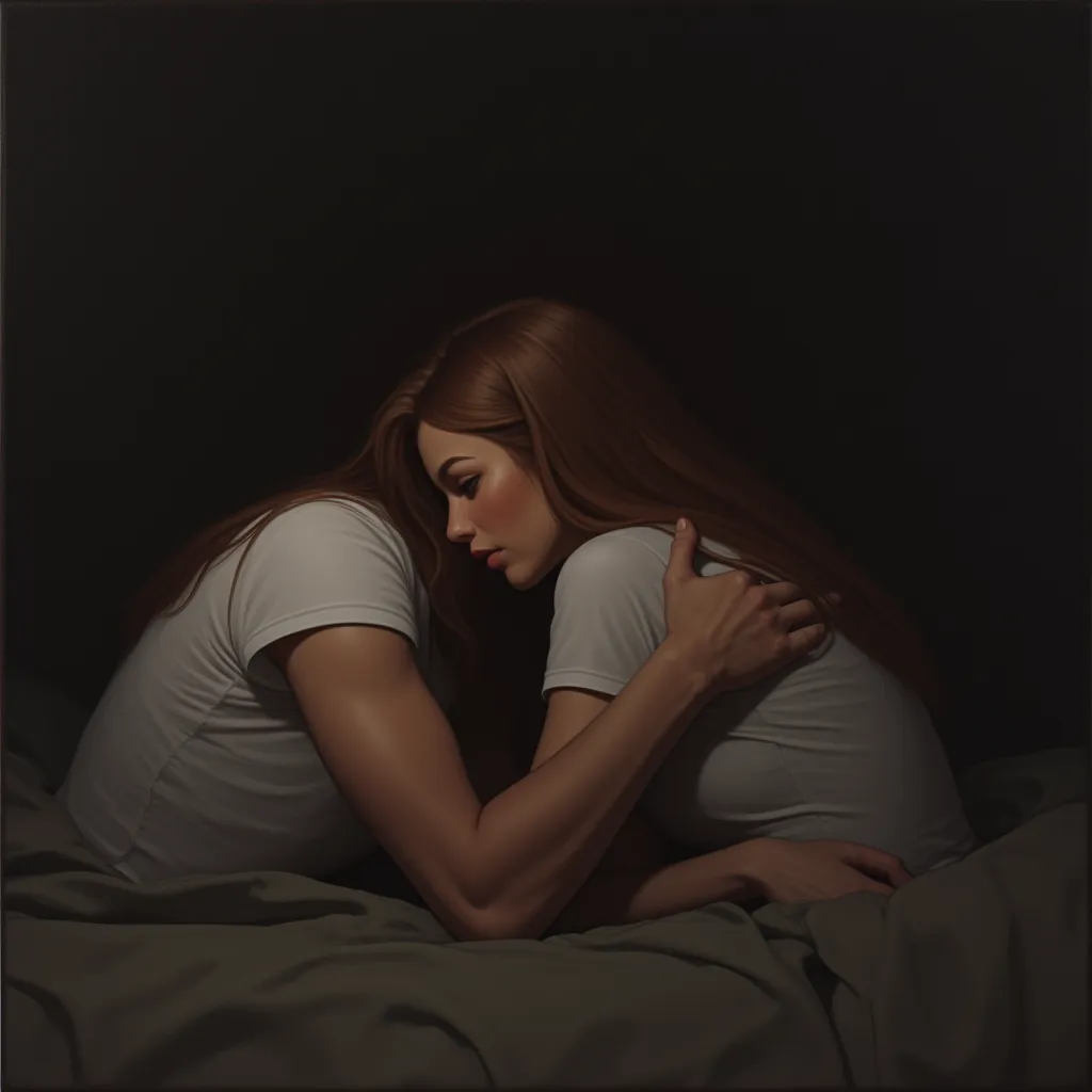 oil painting hyperrealistic fantasy, A COUPLE, a woman with long brown hair, in a white t-shirt and hugs his boyfriend, black hair and he hugs his girlfriend, they are both sad and hide their faces in the other's neck, They are sitting on a bed, in the bac...