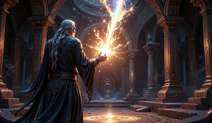 High-quality, semi-realistic 3D animated fantasy art style. An ancient Astra-Gar, dimly lit except for a powerful, radiant glow emanating from a mysterious Astra held in the hands of an elderly Devta. The Astra itself is not visible, but its intense golden...