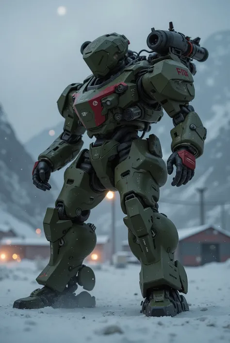with reliable survivability、number々battles, base facilities visible behind、red accents are strategically placed on the edge of the robot's shape. The robot features a proportional and practical body, designed to take into account the firepower of the canno...