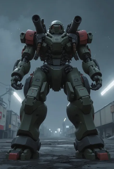 with reliable survivability、number々battles, base facilities visible behind、red accents are strategically placed on the edge of the robot's shape. The robot features a proportional and practical body, designed to take into account the firepower of the canno...