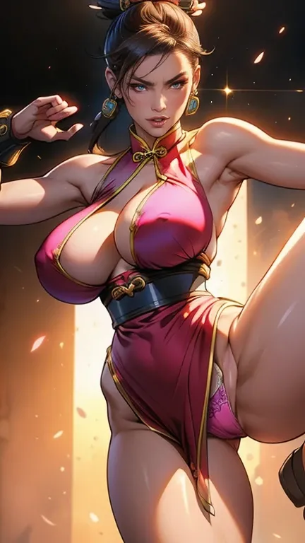 Create a hyper-realistic masterpiece of sexy Chun-Li, Goddess of beauty, she is adorable, has well-shaped lips. She is known for her classic and graceful beauty, defined body with sexy curves, sexy waist, slim leg, the iconic character from the sixth Stree...