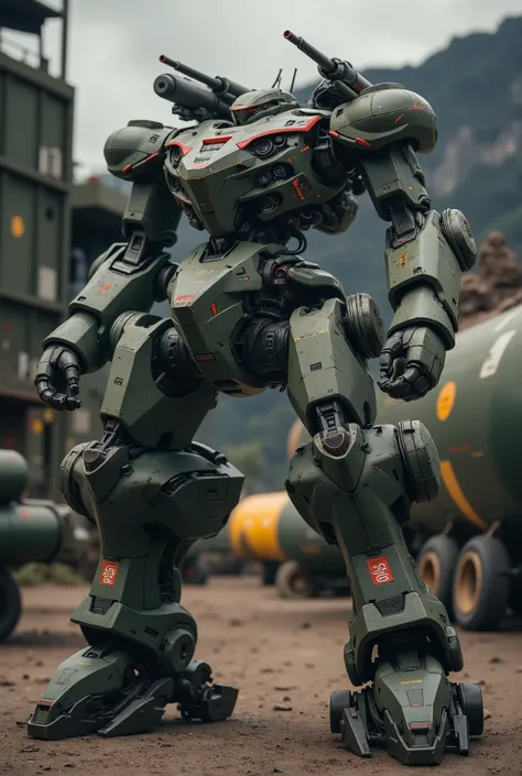 with reliable survivability、number々battles, base facilities visible behind、red accents are strategically placed on the edge of the robot's shape. The robot features a proportional and practical body, designed to take into account the firepower of the canno...