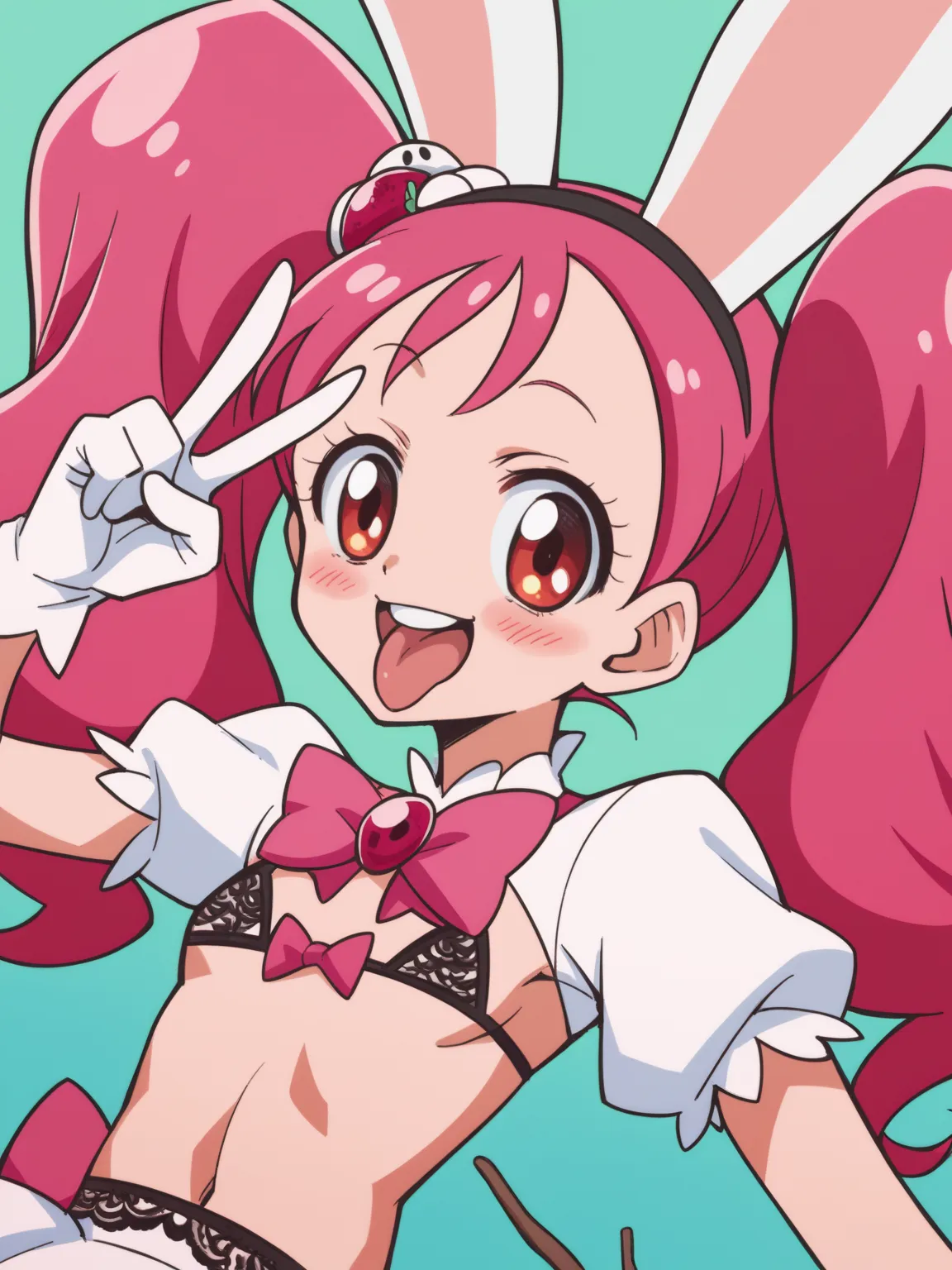 score_9, score_8_up, score_7_up,  source_anime,
Ichika Usami, Hair Ornament, twintails,
 gloves, bow, animal ears,  PINK HAIR, white  gloves, rabbit ears
Cityscapes, smile, , v, v above the top, stick out your tongue,
viewers, cowboy shooting, Dutch angle,...