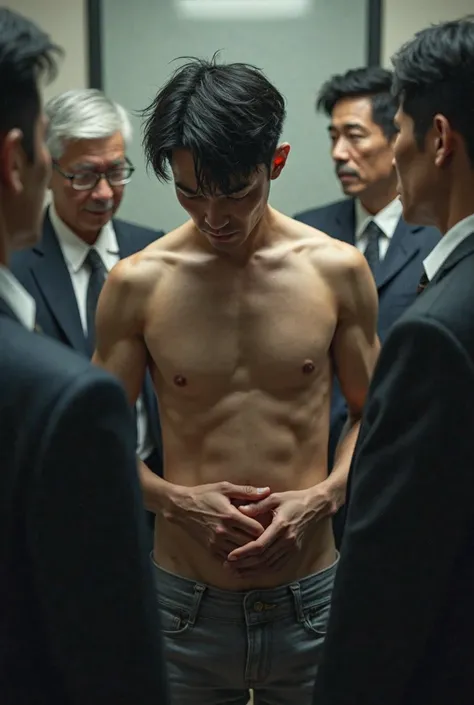  boy 、handsome man、 slim、Japanese men, 、handsome、mash hair、 completely naked、 completely naked、erections、huge penis、top quality、realistic、beautiful、Face turned to the side and downcast、Sad Expression、Middle-aged men in suits surround him、Inside the office、...