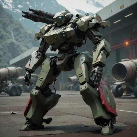 with reliable survivability、number々battles, base facilities visible behind、red accents are strategically placed on the edge of the robot's shape. The robot features a proportional and practical body, designed to take into account the firepower of the canno...