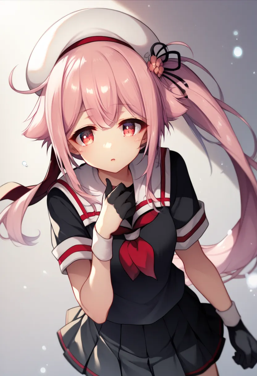 harusameKC,long hair,red eyes, hat, school uniform, pink hair, short sleeves, pleated skirt, black gloves ,white wristband, hair flower, black skirt, side ponytail, black shirt, beret, white headwear, hair flaps, red neckerchief, black serafuku, white sail...