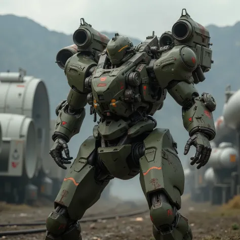 with reliable survivability、number々battles, base facilities visible behind、red accents are strategically placed on the edge of the robot's shape. The robot features a proportional and practical body, designed to take into account the firepower of the canno...