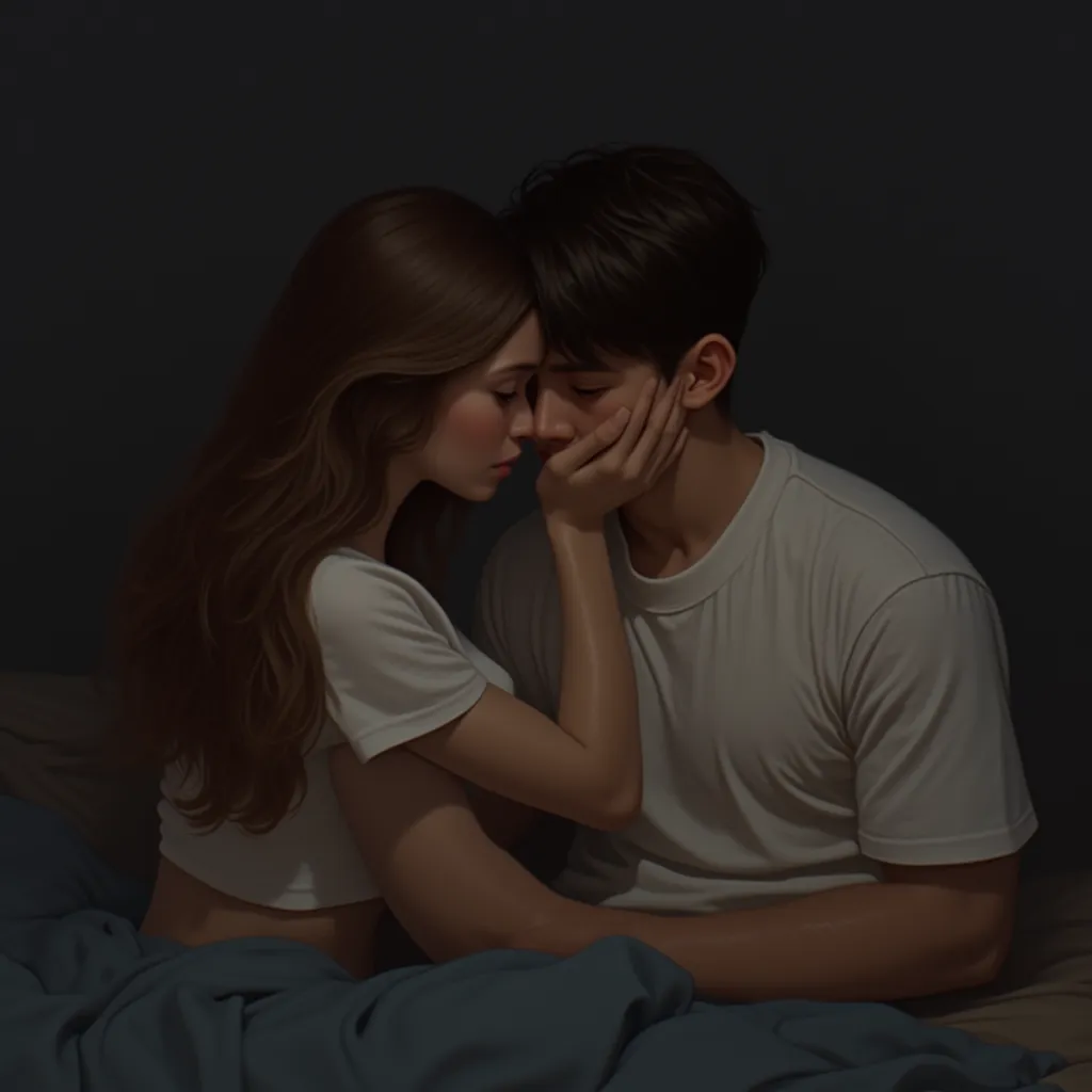 oil painting hyperrealistic fantasy, A COUPLE, a woman with long brown hair, in a white t-shirt and hugs his boyfriend, black hair and he hugs his girlfriend, they are both sad and hide their faces in the other's neck, They are sitting on a bed, in the bac...