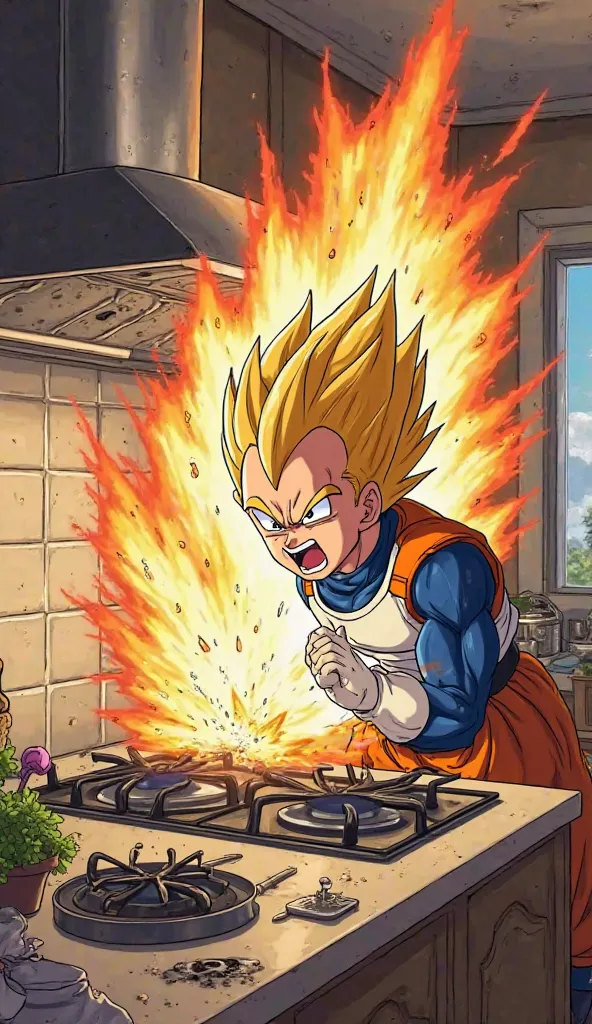 A dramatic and comedic, semi-realistic anime-style illustration of Vegeta from Dragon Ball accidentally releasing a powerful energy blast at the stove in a modern kitchen. The blast creates a bright explosion, with smoke and sparks filling the air. Where t...